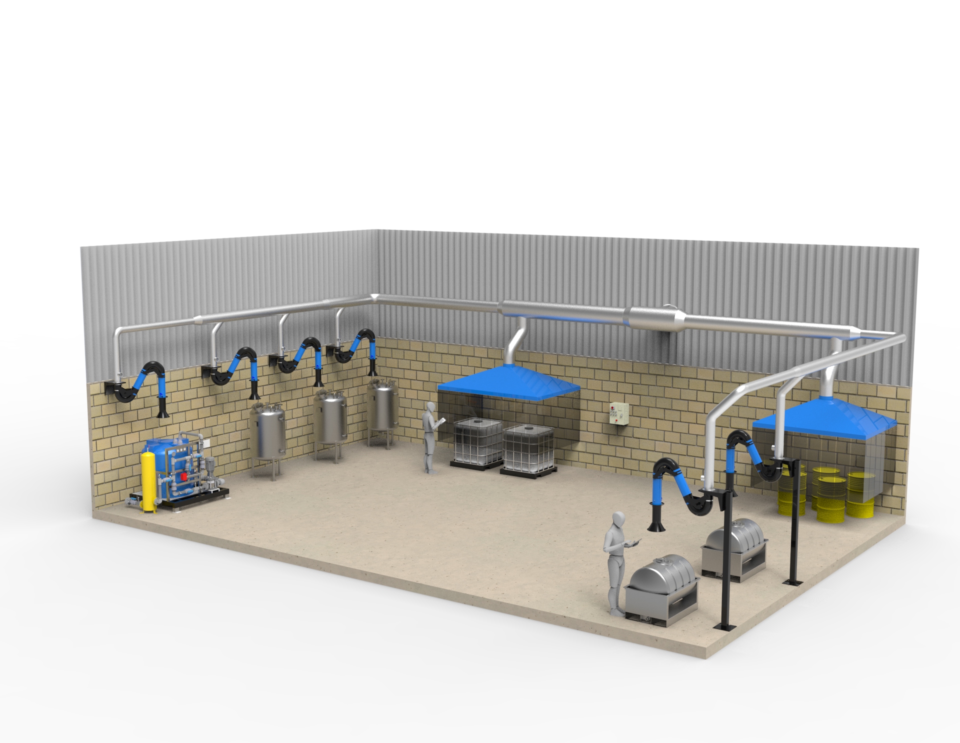 Process fume extraction system indicating the use of fume control hoods and fume extraction arms.