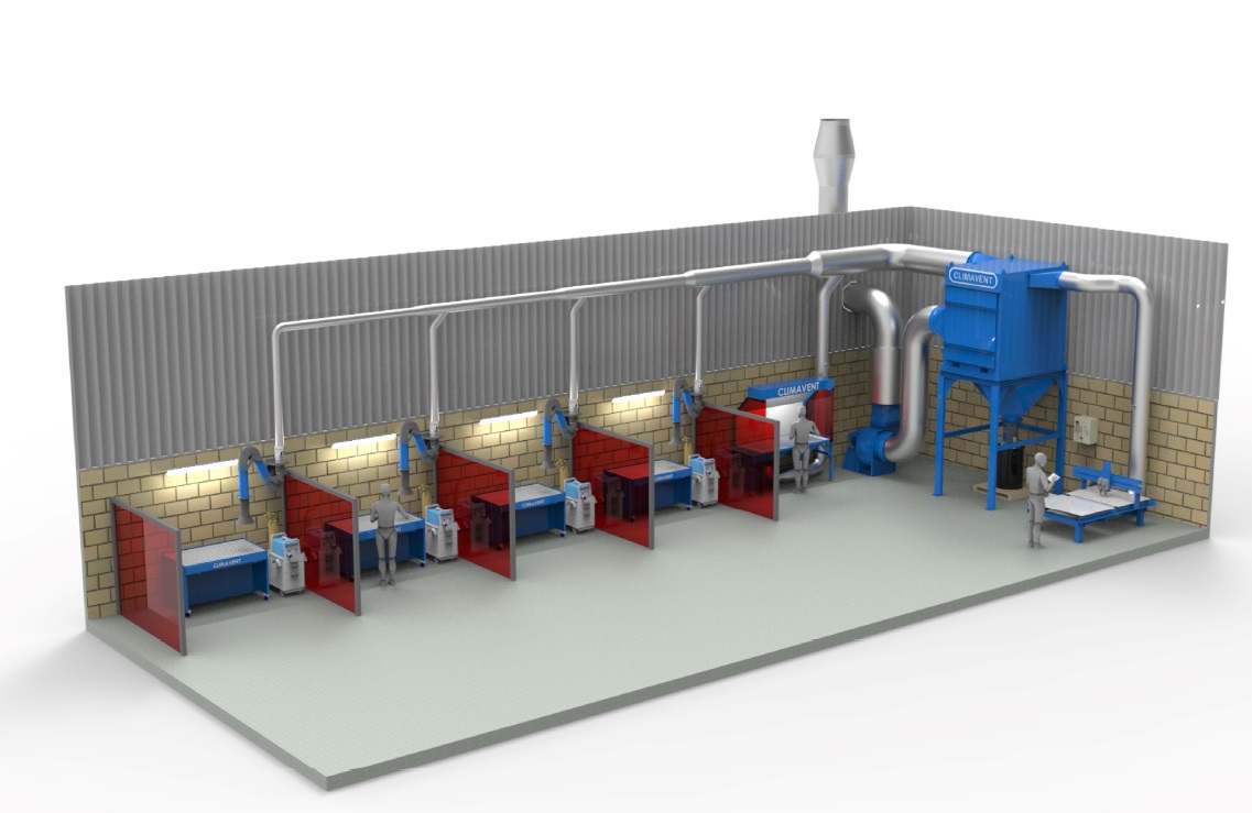 Welding Fume Extraction system using a reverse jet filtration unit and extraction arms to extract from welding bays