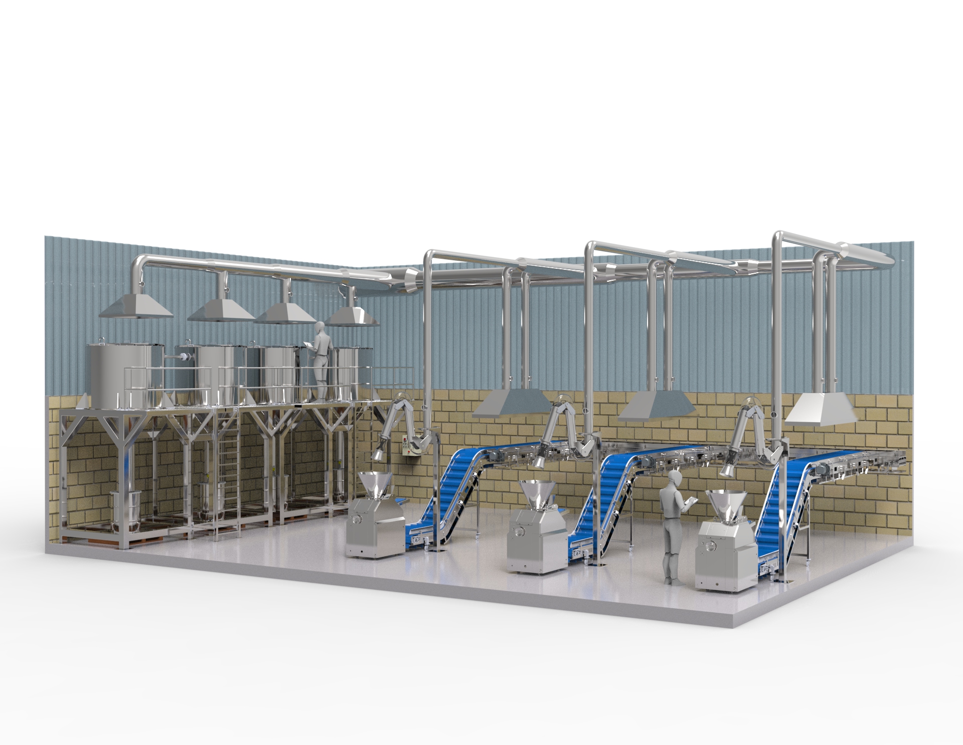 Stainless Steel dust extraction system showing hoods over production lines with ductwork connecting onto an externally sited filtration unit. This is a common set up in the food industry.