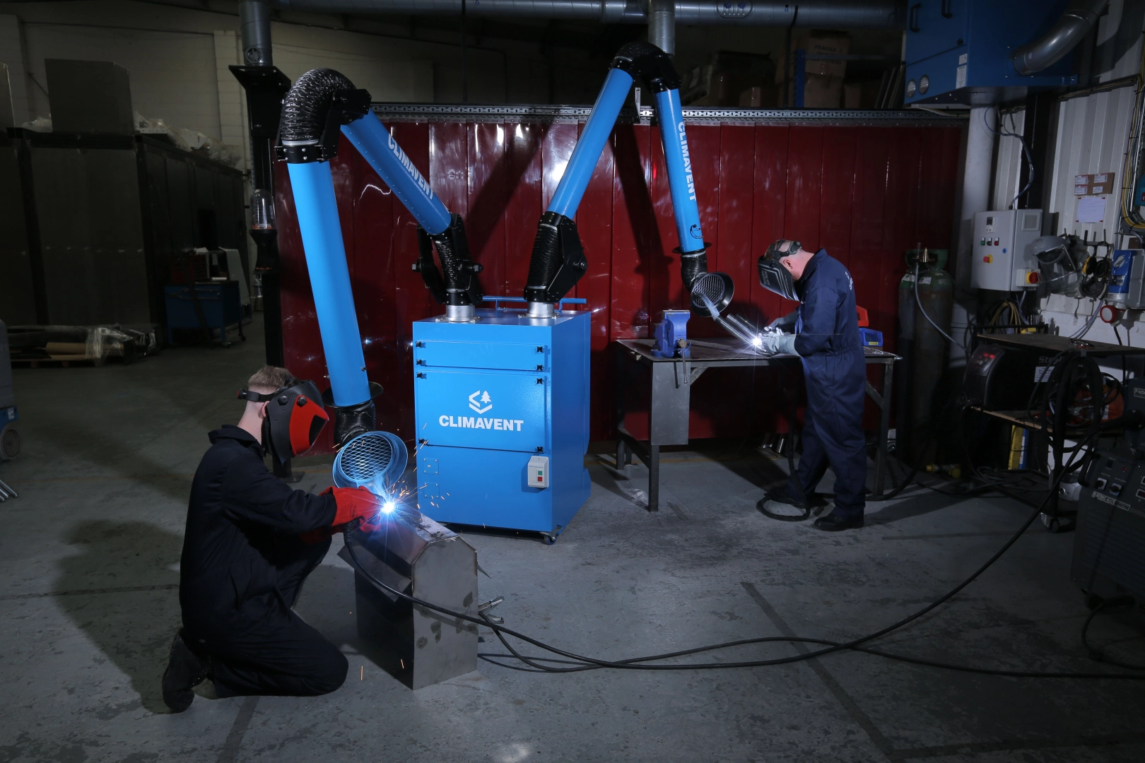 Mobile Welding Fume Extraction Double Arm Unit enabling two workers to have fume extraction at any one time.