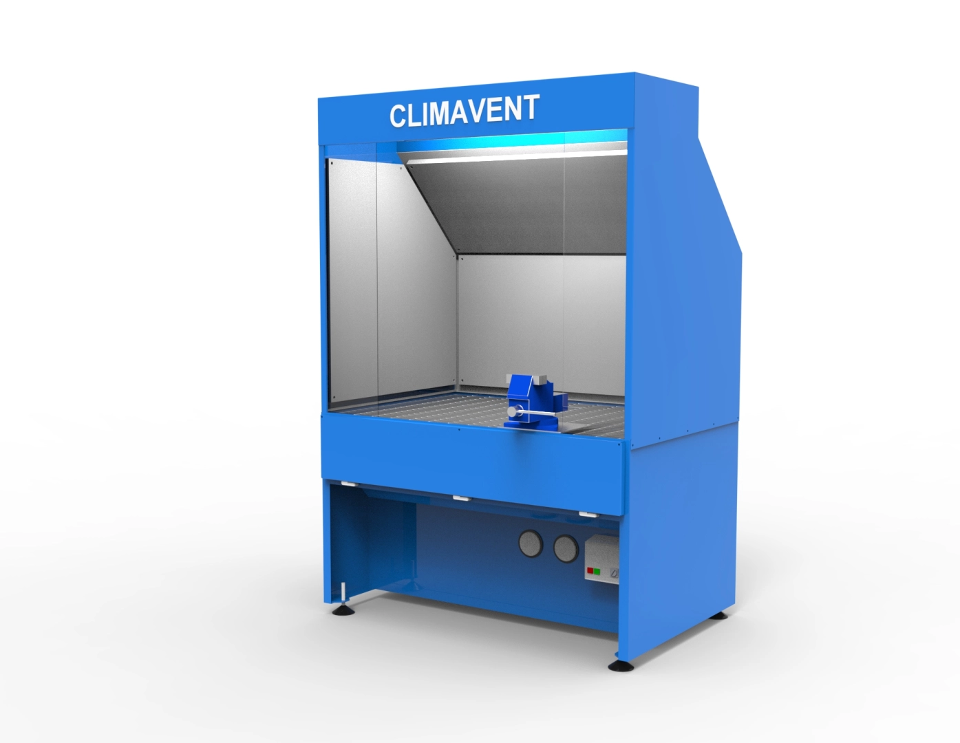 Compact Down Draught Bench with Top Canopy, Sides and Lighting where dust and fume is dragged down into the filter panels for extraction