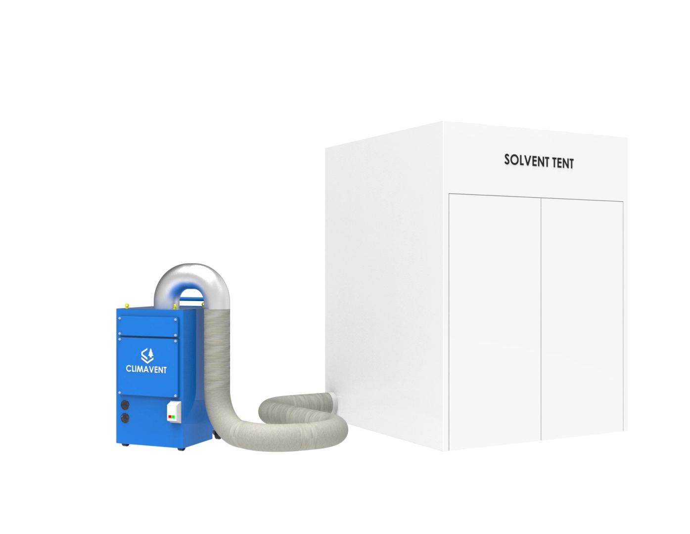 Mobile Solvent Fume Extraction Unit connected onto a solvent tent to enable the application to be undertaken within the tent, with the extraction unit ducted in.