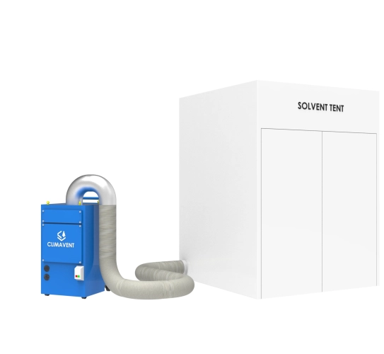 Mobile Solvent Fume Extraction Unit connected onto a solvent tent to enable the application to be undertaken within the tent, with the extraction unit ducted in.