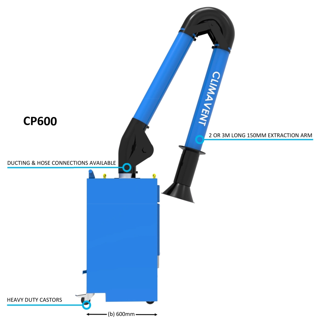 CP600 Mobile Solvent Fume Extraction with a single arm identifying the arm lengths available.