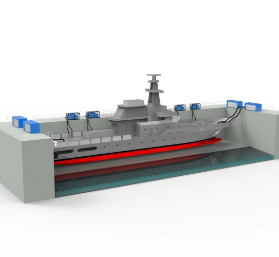 Mobile Paint Fume Extraction for Shipbuilding Dock Assembly showing the positioning of the industrial paint extraction units in relation to the point of extraction