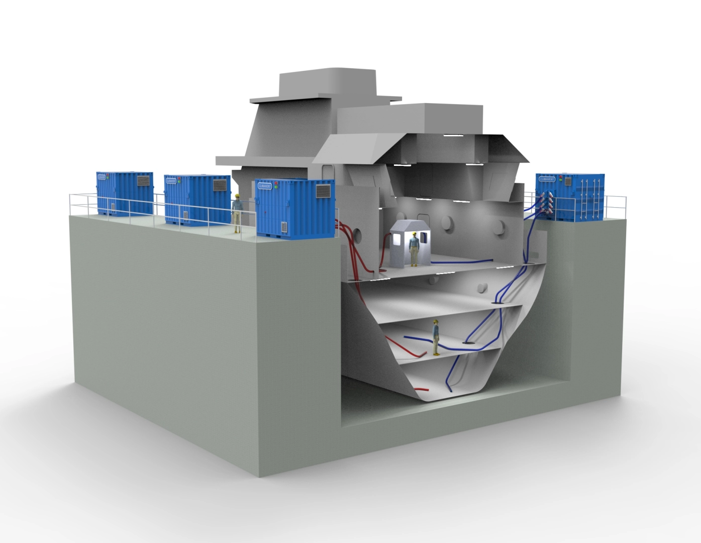 Shipbuilding ventilation units shown dockside with the hose able to go below deck level to reach the targeted extraction points.