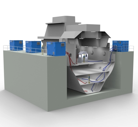 Shipbuilding ventilation units shown dockside with the hose able to go below deck level to reach the targeted extraction points.