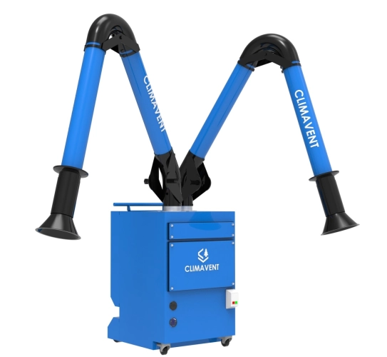 Mobile Welding Fume Extraction Double Arm Unit shows the flexibility enabled with two extraction arms so that they can be used at the same time