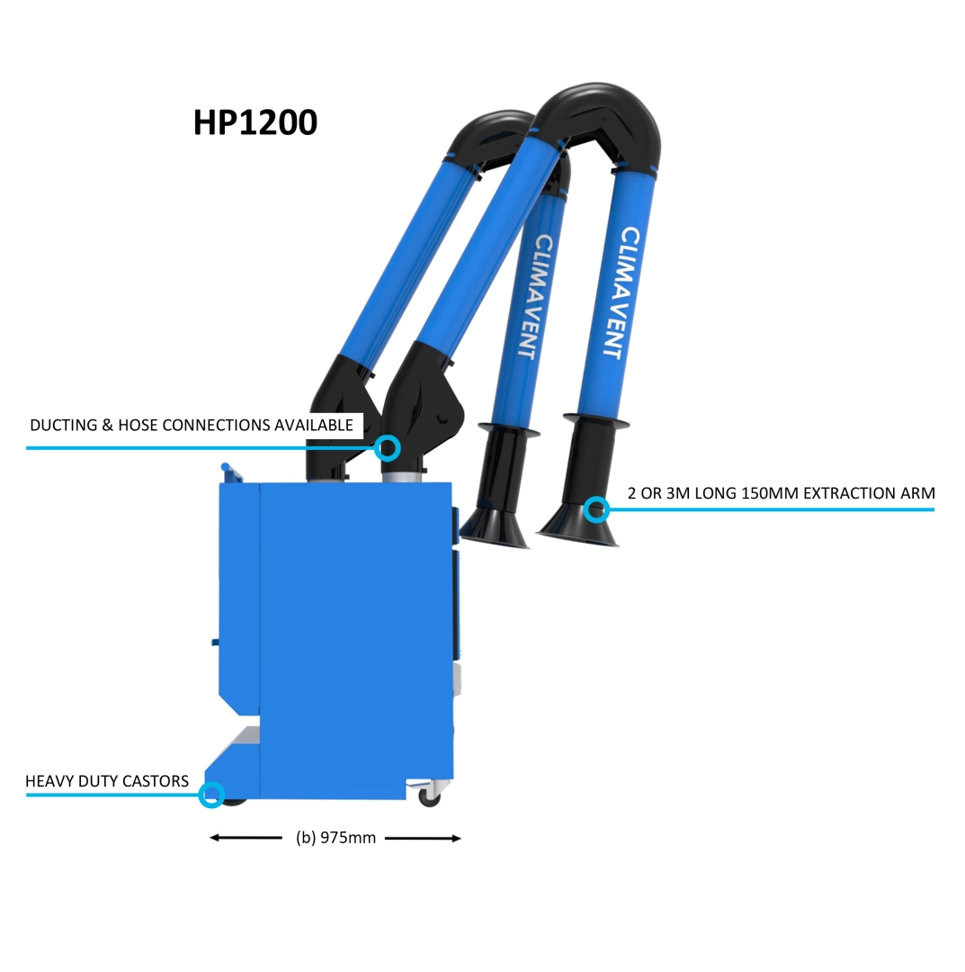 Mobile Welding Fume Extraction Double Arm Unit is supplied with HEPA filters to enable efficient fume extraction