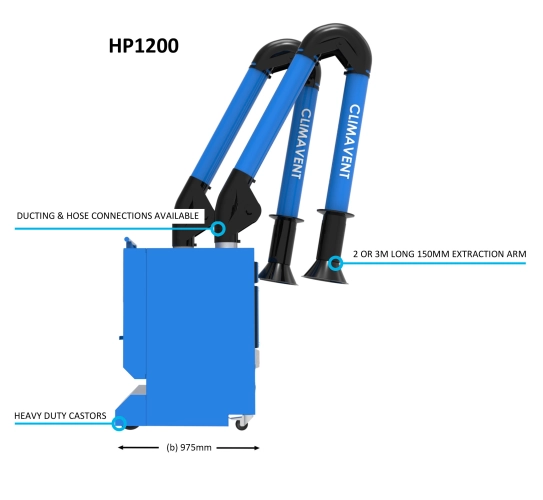 Mobile Welding Fume Extraction Double Arm Unit is supplied with HEPA filters to enable efficient fume extraction