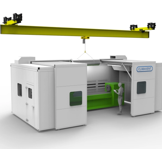 Powered Access Door sound attenuated booth for dust and fume control where access from above is required through the sliding roof